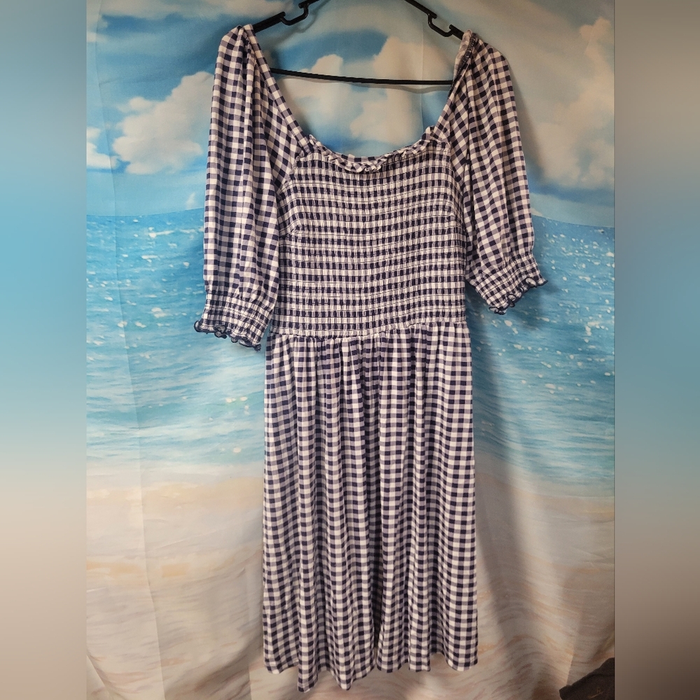 Draper James Jo Dee Blue White‎ Gingham Smocked Dress Size Small Knee Length